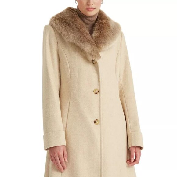 Lauren Ralph Lauren Womens Faux Fur Collar Coat in Cream Beige Size 14 NWT - Picture 5 of 13